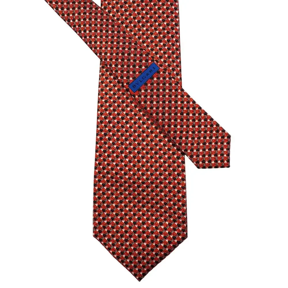 Bvlgari Geometric Print Seven Fold Tie Red 100% Silk Made in Italy